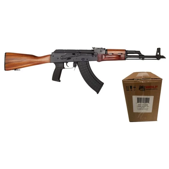 Riley Defense RAK47 AK-47 Rifle - Teak | 7.62x39 | 16" Barrel Bundled w/ One Wolf Steel Case 7.62x39mm Rifle Ammo - 122 Grain | FMJ | 1000rd Case