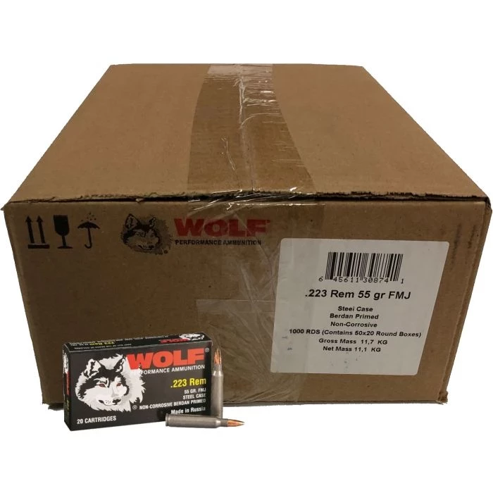 Wolf Steel Case .223 Remington Rifle Ammo - 55 Grain | FMJ | 1000rd Case